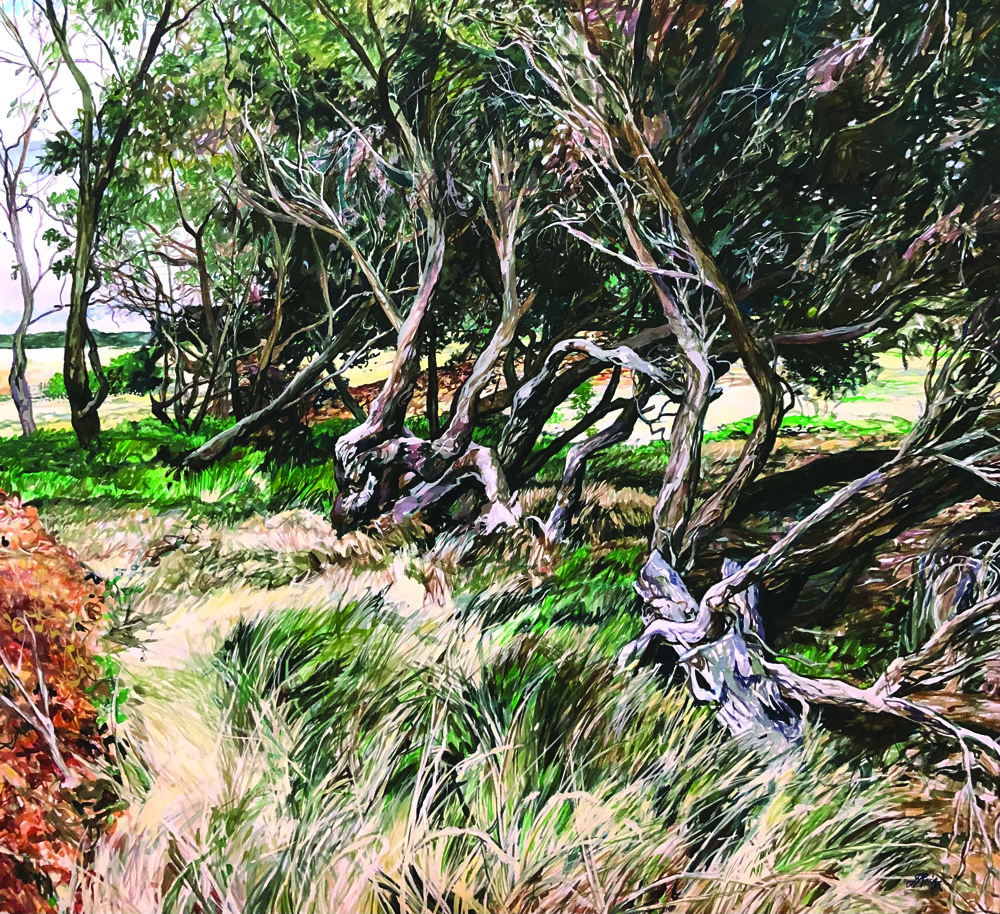 Painting of trees by the coastline