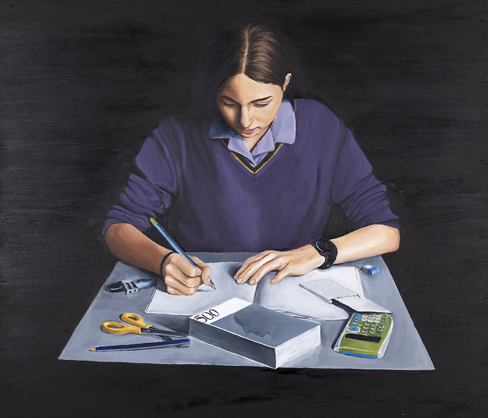 Painting of a student studying