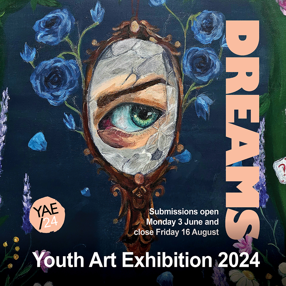 Painting of a person looking through a cracked mirror focus on the eye: Dreams Youth Art Exhibition 2024