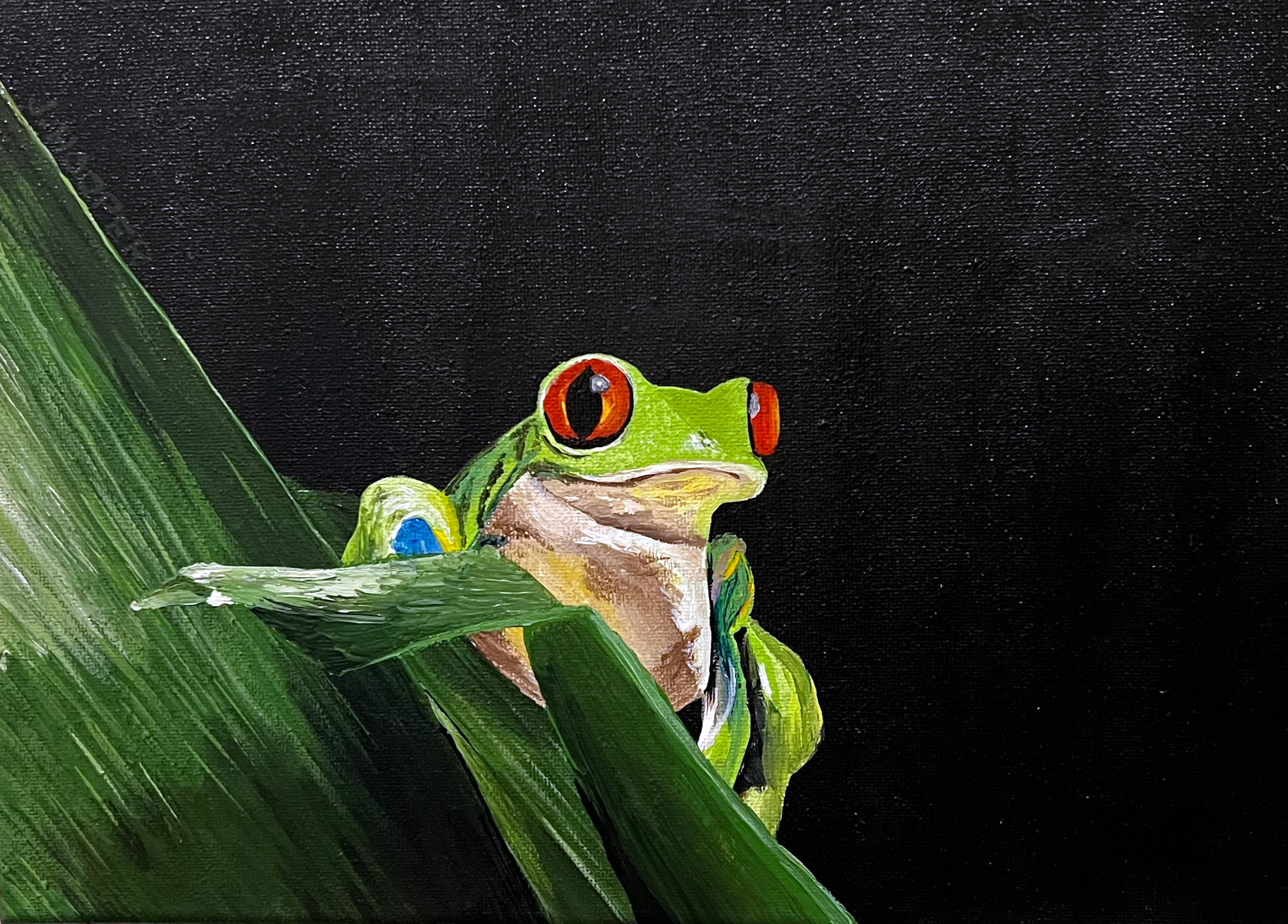 Painting of a green tree frog on a leaf