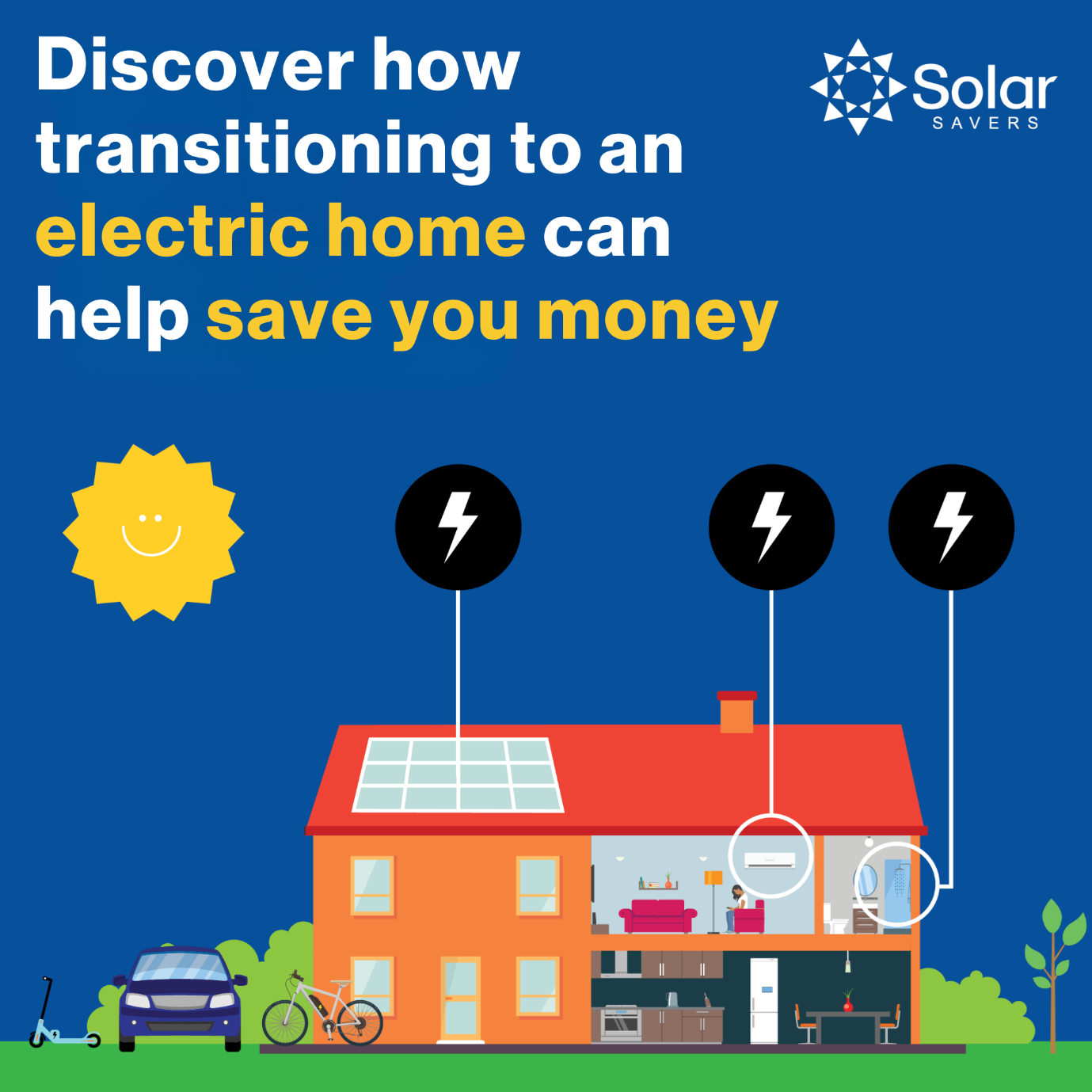 Discover how transitioning to an electric can help save money. Illustration of  house with solar, electric heating and cooling.