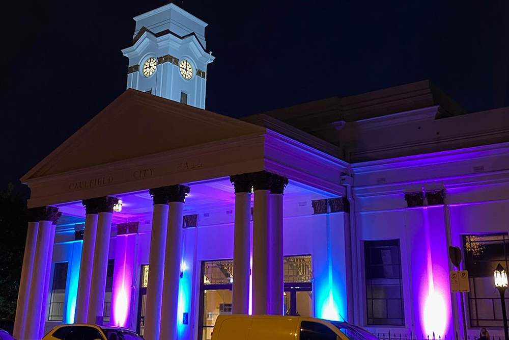 Glen Eira Town Hall lit up in purple