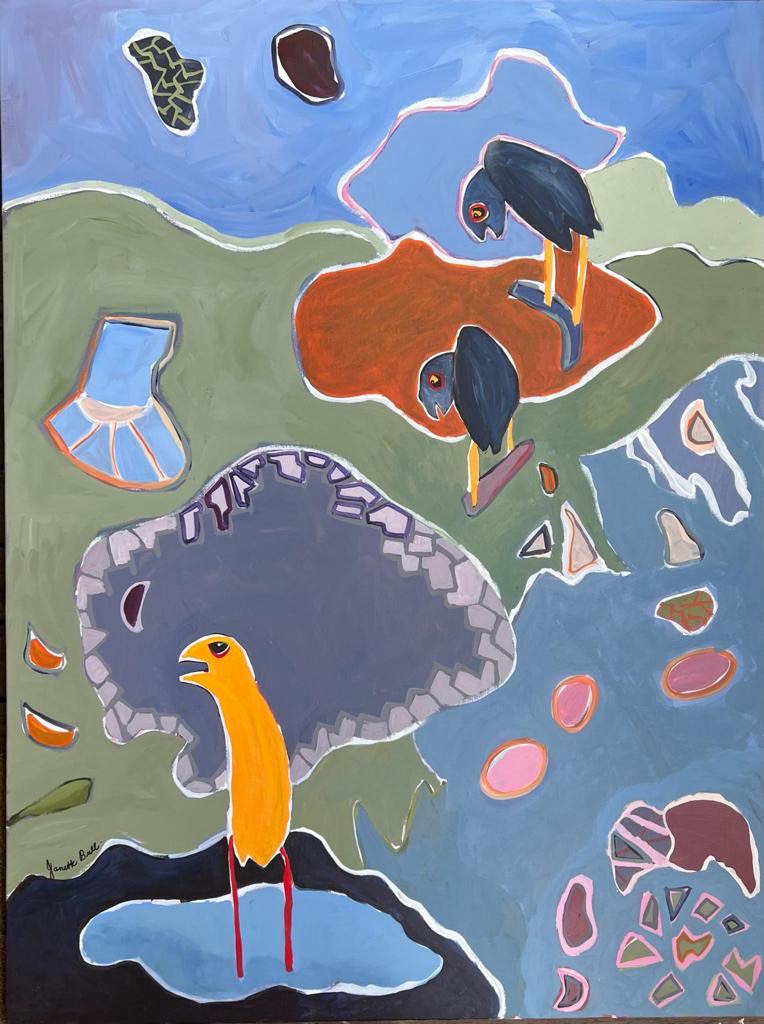 Abstract depiction of birds near the water