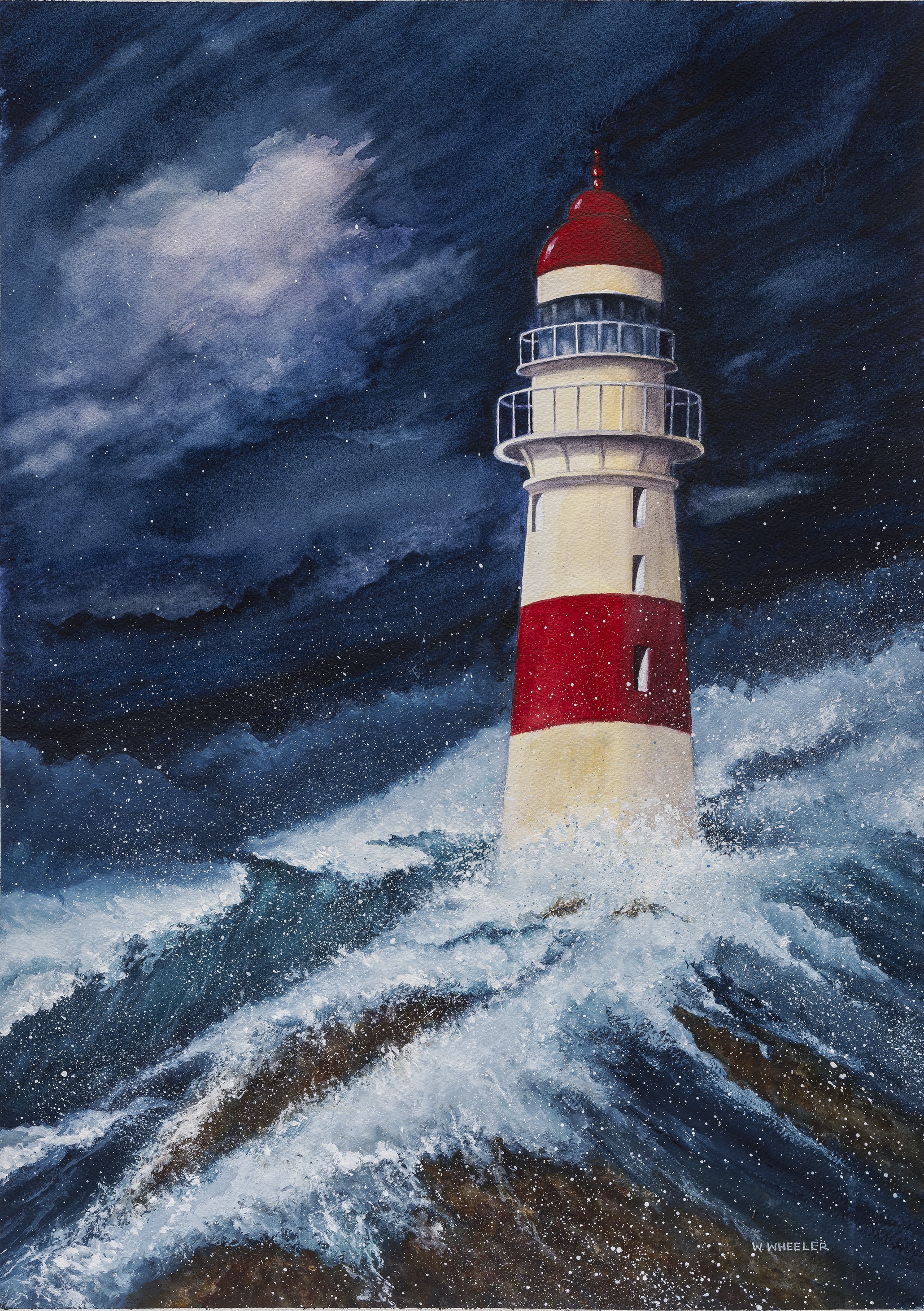 Painting of a lighthouse in a storm